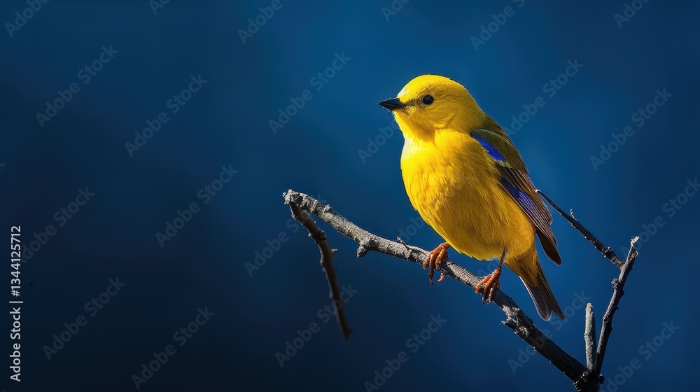 Obraz premium Bright Yellow Bird Stands Out Against Dark Blue Background