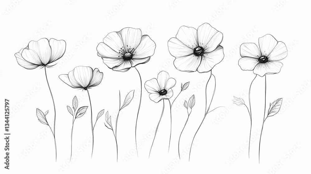 Naklejka premium Elegant pencil sketch of blooming wildflowers, isolated on white; ideal for greeting cards or invitations