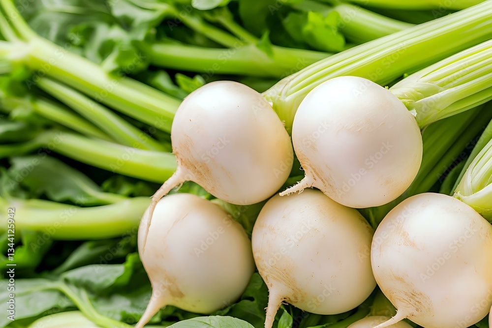 Fresh white turnips with bright green stems and leaves in macro view, showcasing natural organic produce for healthy eating and farm-to-table cooking concepts. Fresh white turnips with bright green stems and leaves in macro view, showcasing natural organic produce for healthy eating and farm-to-table cooking concepts.