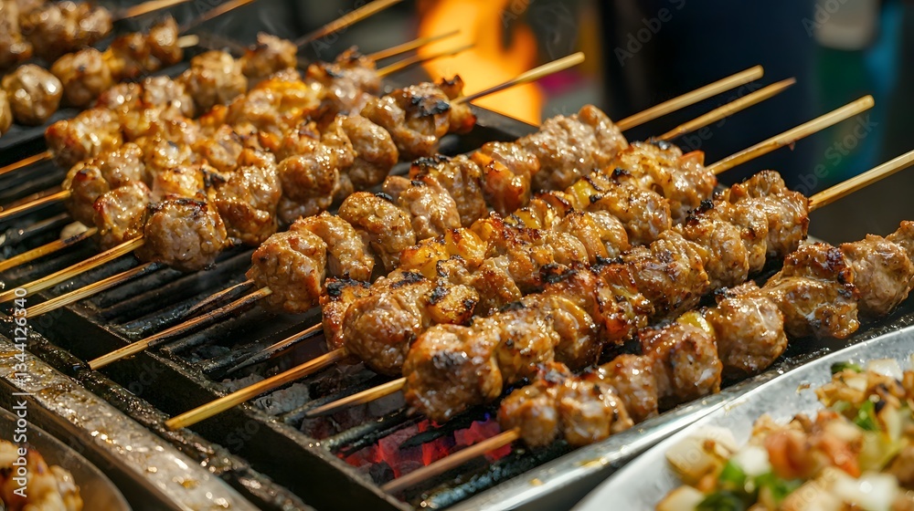 Grilled Meat Skewers Cooking Over Flames at a Busy Street Food Market Grilled Meat Skewers Cooking Over Flames at a Busy Street Food Market