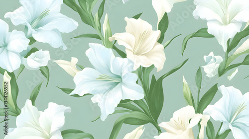 Elegant white and cream lilies floral pattern, seamless design, pastel green background, ideal for textile prints