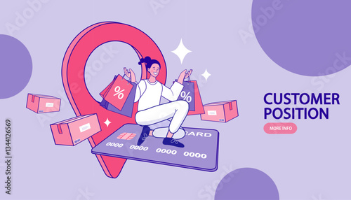 A customer sits on a flying credit card in front of a map pin, a concept for targeted marketing. This web banner illustrates e-commerce, geolocation, and personalized shopping experiences.