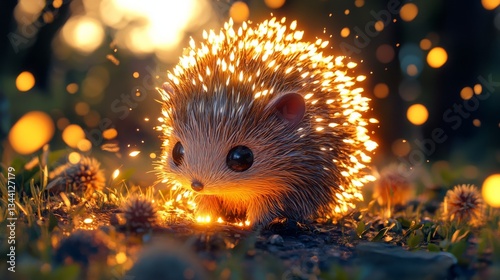 full body shot of chibi gold eye porcupine with glow all Quills nature epic warm night light on glowing nature of life,epic cinematic BG,hyper detail and hyper quality,hyper detail equipment,8k,