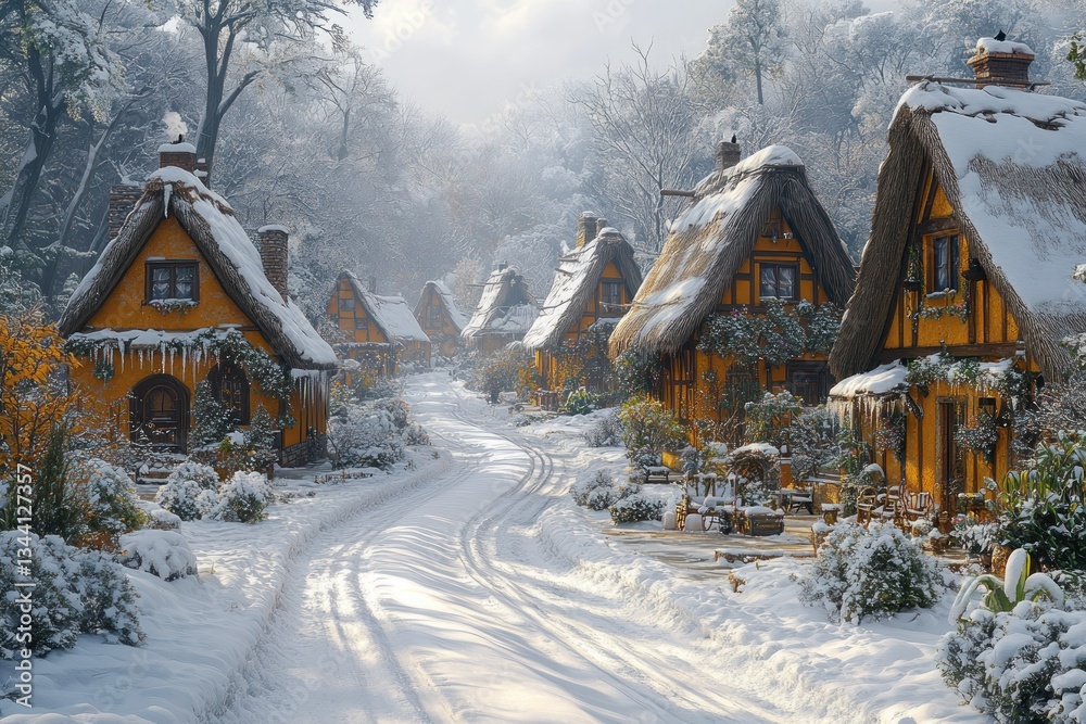 Naklejka premium Snowy village road, winter cottages, forest background, idyllic scene