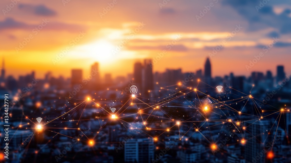 Fototapeta premium Digital network nodes and glowing lines overlaying a vibrant cityscape at sunset symbolizing advanced connectivity in modern urban environments