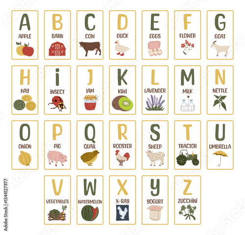 Alphabet for children, set of cards for learning English. Vector set ABC.