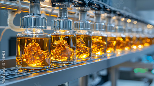 Innovative Laboratory Environment Featuring Glass Bottles with Viscous Liquid Under Bright Lighting photo