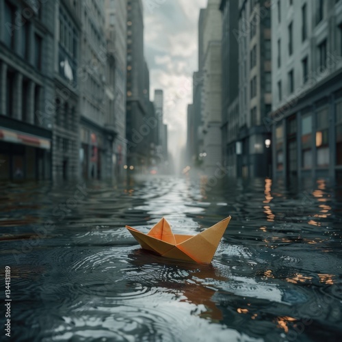 Paper boat gently drifting through a flooded urban street