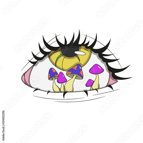Yellow eye with mushrooms inside, psychedelic sticker, psychedelic mushrooms
