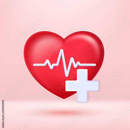 3D Heart pulse with plus icon. Single heartbeat and cardiogram. Concept of medical health and medical insurance. 3D render in cartoon style Isolated vector illustration.