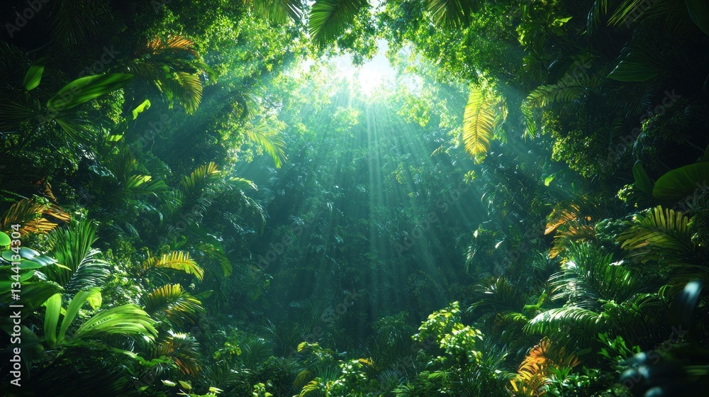 Upward View of a Lush Green Forest with Sunlight Filtering Through Leaves Upward View of a Lush Green Forest with Sunlight Filtering Through Leaves