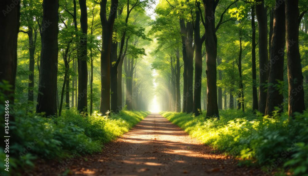 Sunlit Path Through a Lush Green Forest Sunlit Path Through a Lush Green Forest