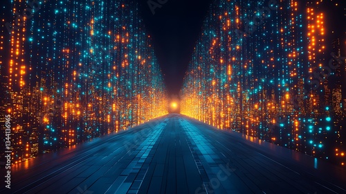 Futuristic glowing road into digital data stream.