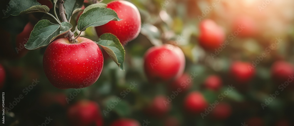 Sunlit orchard ripe red apples lush green leaves natural abundance serene atmosphere vibrant harvest morning glow Sunlit orchard ripe red apples lush green leaves natural abundance serene atmosphere vibrant harvest morning glow