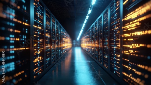 A Long Dimly Lit Server Room Corridor with Rows of Illuminated Server Racks Displaying Streams of Data in a High-Tech Environment at Night