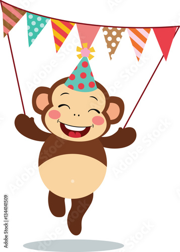 Happy monkey with party flag banner