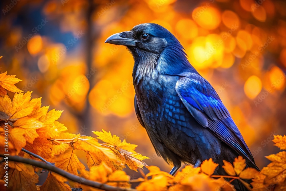 Fototapeta premium Majestic Blue Raven in Golden Autumn Leaves - Low Light Photography