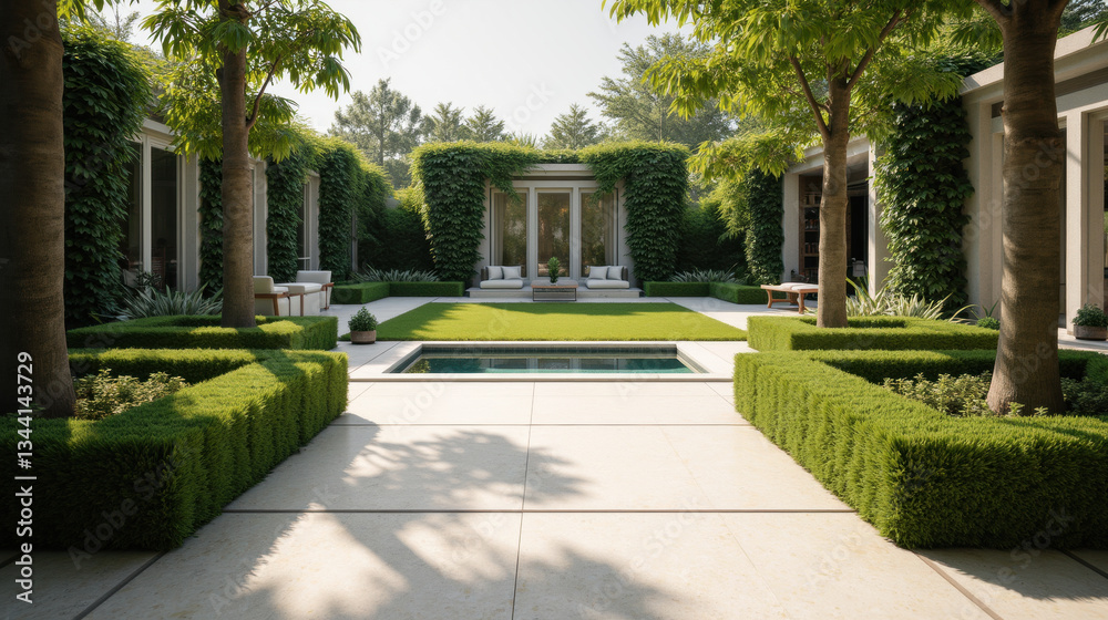 Fototapeta premium serene garden with lush greenery, pool, and modern seating areas creates tranquil outdoor space