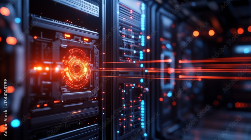 Futuristic Server Room Action Featuring Data Processing Technology in a High-Tech Environment