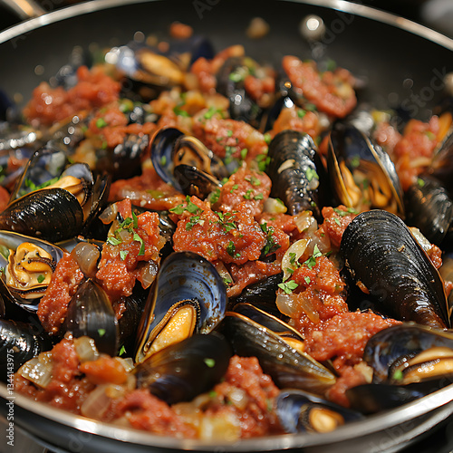 Mussels cooked with chorizo in skillet, garnished with herbs, showcasing vibrant dish. combination of flavors creates delicious and appetizing meal