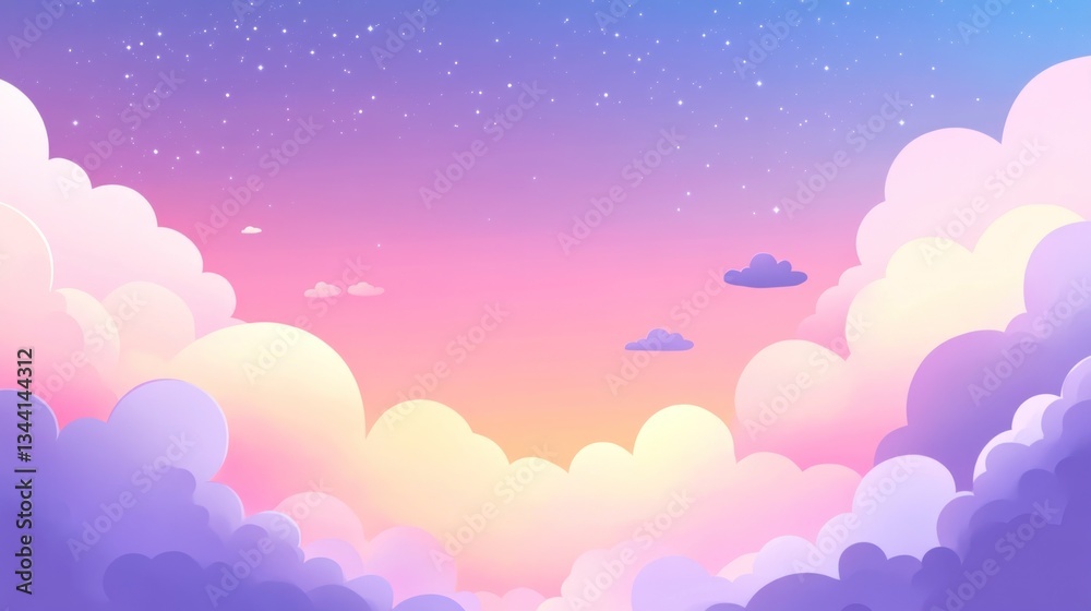 Pastel sky illustration with fluffy clouds and twinkling stars at dusk Pastel sky illustration with fluffy clouds and twinkling stars at dusk