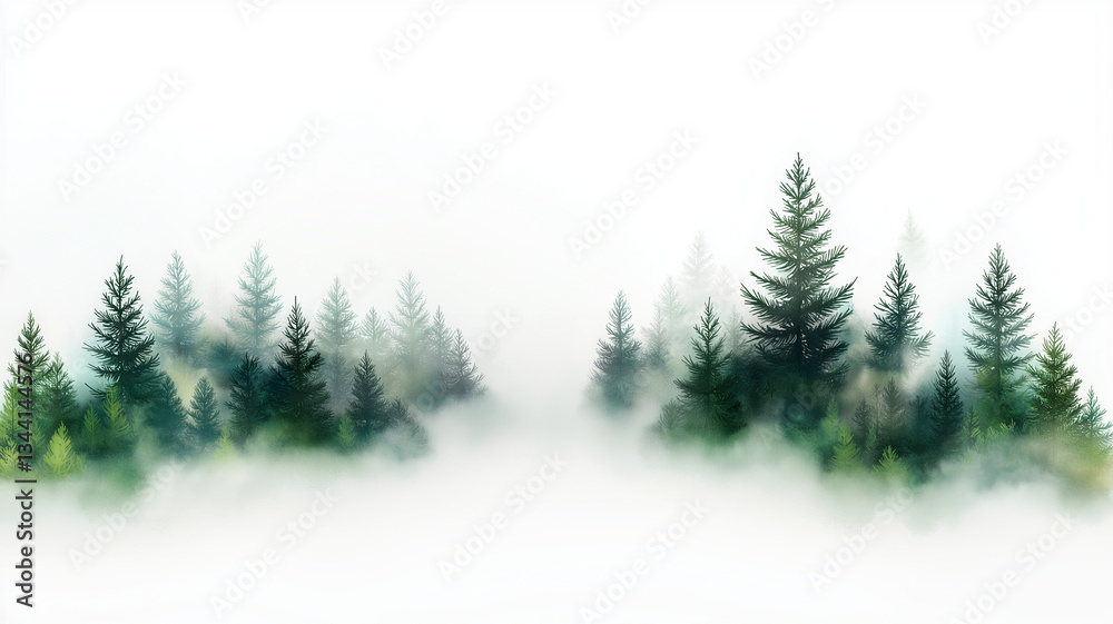 Obraz premium serene and abstract foggy forest landscape featuring lush pine trees shrouded in mist, creating tranquil and ethereal atmosphere. soft colors evoke sense of calm and mystery