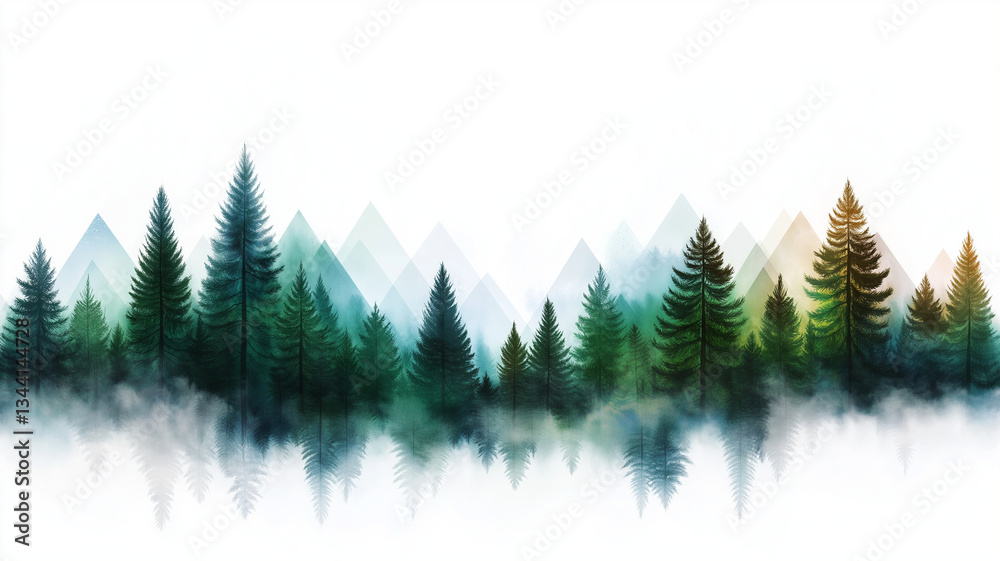 Obraz premium serene landscape featuring watercolor illustration of forest with tall trees and misty mountains in background. colors blend harmoniously, creating tranquil atmosphere
