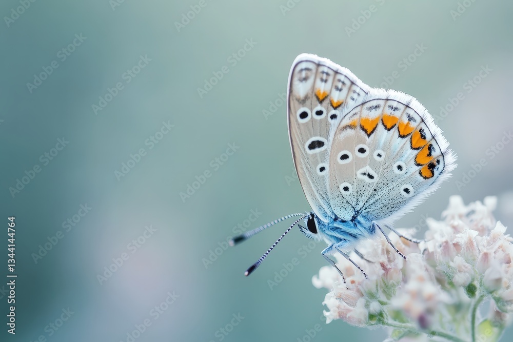 Fototapeta premium A beautiful blue butterfly sits upon a delicate floral bloom