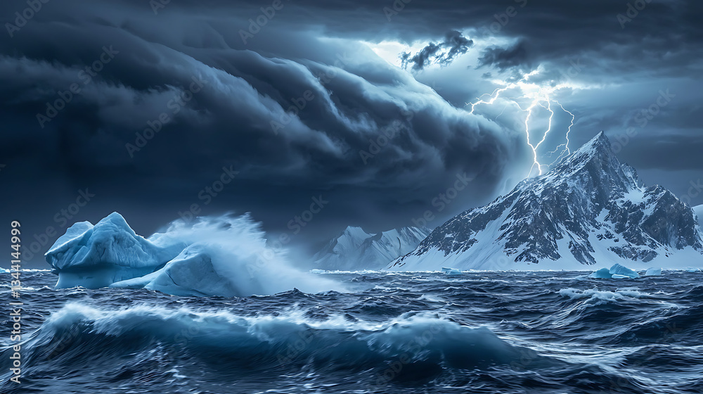 Fototapeta premium Serene Antarctic Landscape at Sunset with Penguins on Ice