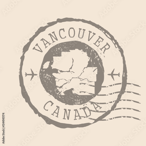 Stamp Postal of  Vancouver is city of Canada. Map Silhouette rubber Seal.  Design Retro Travel. Seal  Map of Vancouver grunge  for your design. Canada. EPS10