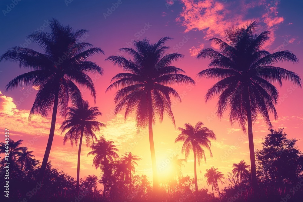 Tropical Sunset with Palm Trees Silhouette against Vibrant Sky Background and Bokeh Light Effects Tropical Sunset with Palm Trees Silhouette against Vibrant Sky Background and Bokeh Light Effects