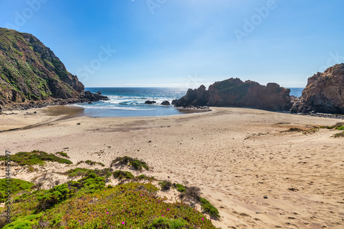 Fototapeta Naklejka Na Ścianę i Meble -  View of Pfeiffer Beach from the hills above it, Big Sur, California