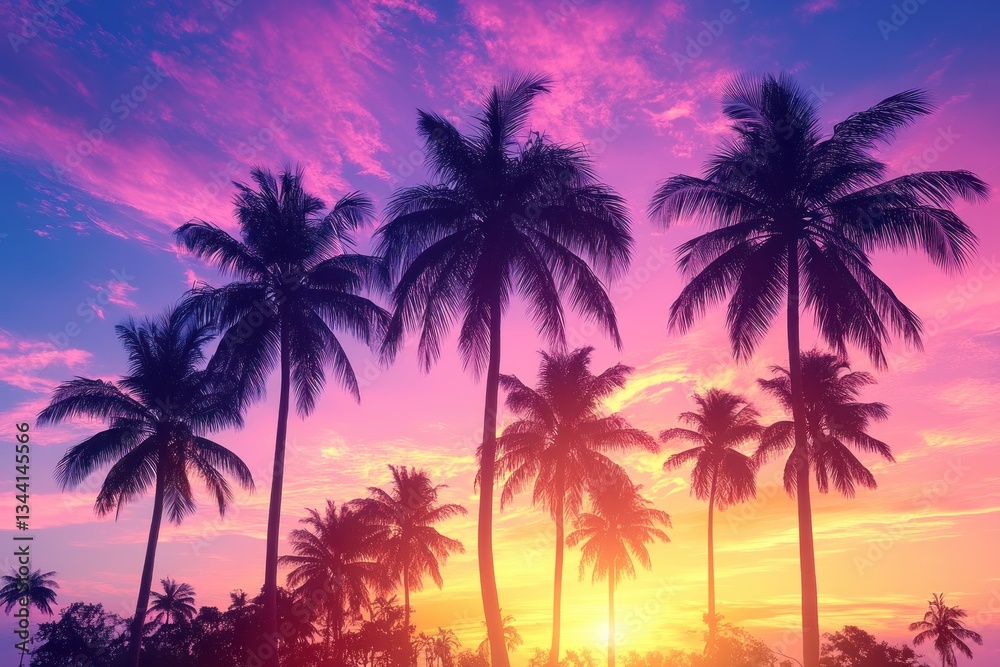 Tropical Sunset with Silhouette of Palm Trees Against Colorful Sky and Bokeh Light for Relaxing Vacation Mood Tropical Sunset with Silhouette of Palm Trees Against Colorful Sky and Bokeh Light for Relaxing Vacation Mood