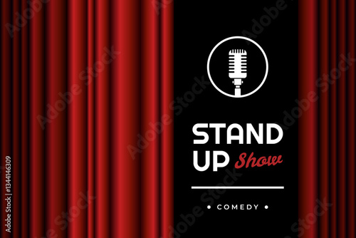 Vintage microphone against red curtain backdrop. Stand up comedy