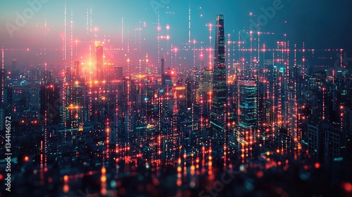 Wallpaper Mural Futuristic city skyline illuminated by digital data streams at dusk Torontodigital.ca