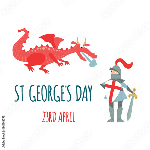 Card St. George's Day with knight and red Dragon. 