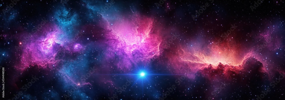 Naklejka premium Vibrant Cosmic Nebula in Deep Space with Purple and Blue Hues
