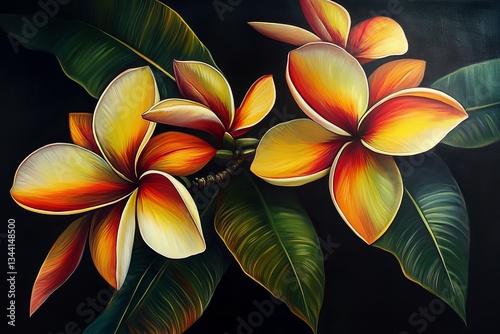 plumeria blossoms with bold yellow, green, and red hues

