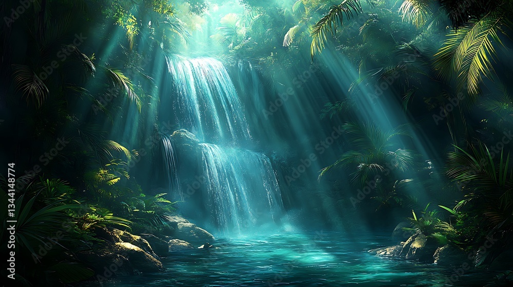 Sunbeams illuminate a hidden waterfall in a lush jungle. Sunbeams illuminate a hidden waterfall in a lush jungle.