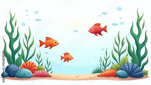 cartoon seaweed fish swim flat ocean scene various sea creatures underwater plants white