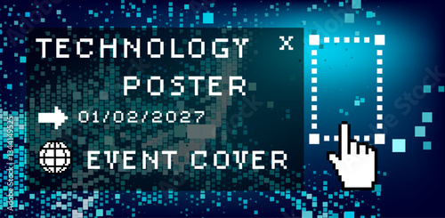 Digital-styled vector illustration features scattered blue pixels against a dark backdrop, cover or poster template for a technology-themed event.