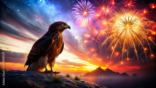 Majestic Hawk Silhouette in Fireworks Display - Tilt-Shift Night Photography