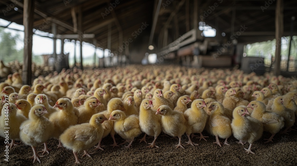 Many newborn chicks standing in poultry farm shed. Ai generated