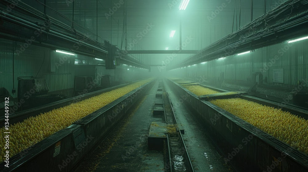 Baby chickens moving on conveyor belt in industrial poultry farm. Ai generated