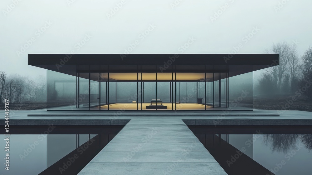 Modern Glass Pavilion in Misty Landscape Modern Glass Pavilion in Misty Landscape