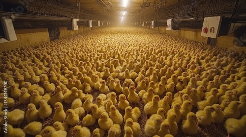 Obraz na płótnie Many small yellow chicks populating industrial poultry farm at night. Ai generated w salonie