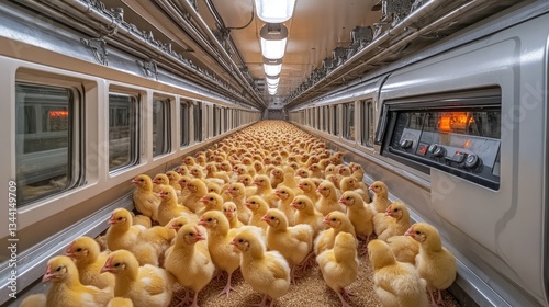 Many baby chickens living in industrial poultry farm. Ai generated