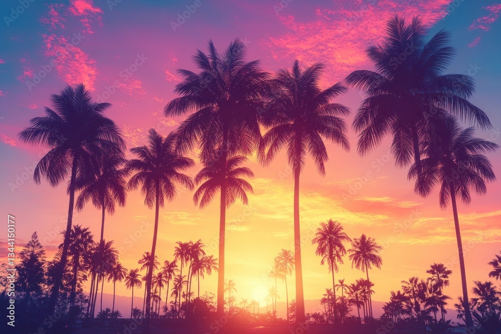 Silhouette of Tropical Palm Trees at Sunset with Scenic Bokeh Light Leaks in Dreamy Summer Sky Silhouette of Tropical Palm Trees at Sunset with Scenic Bokeh Light Leaks in Dreamy Summer Sky