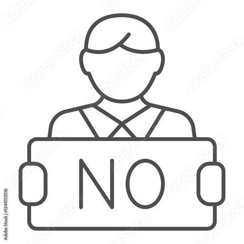 Man holding paper poster with NO letters thin line icon, stop war concept. Vector graphics. Protest against crime sign on white background, outline style icon for mobile or web design.