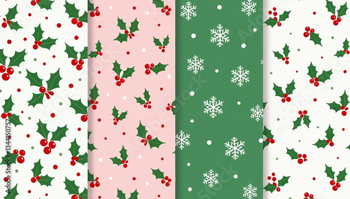 classic christmas patterns feature holly berries snowflakes traditional cartoon flat style